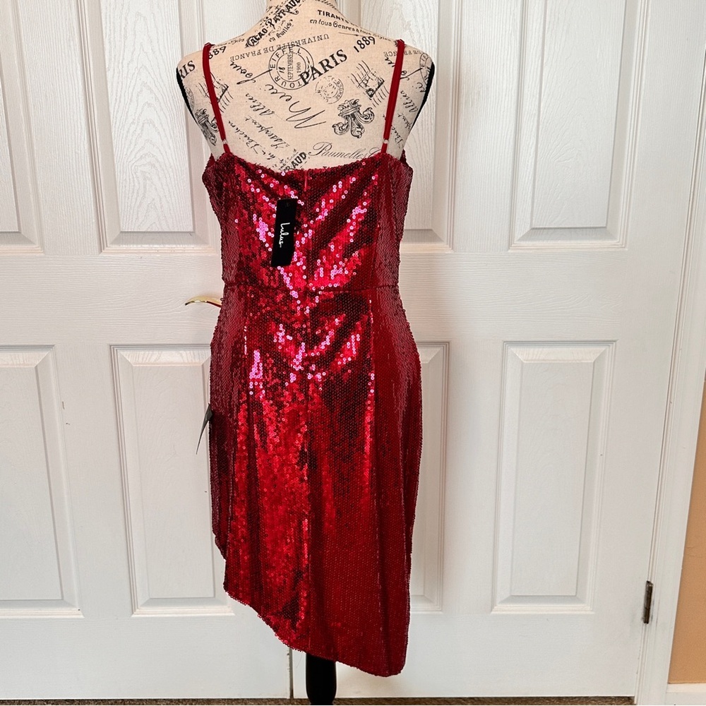 Lulus‎ Below the Stars Wine Red Sequin Asymmetrical Bodycon Dress Size Large NWT - Picture 4 of 9